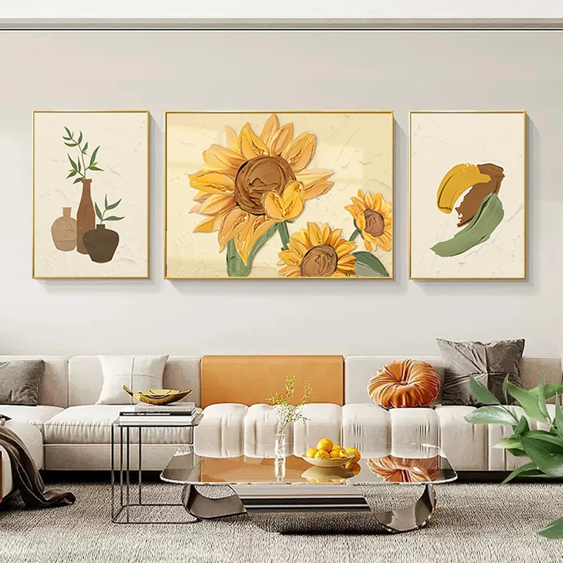 北欧风向日葵客厅装饰画沙发背景墙挂画向日葵三联60160
