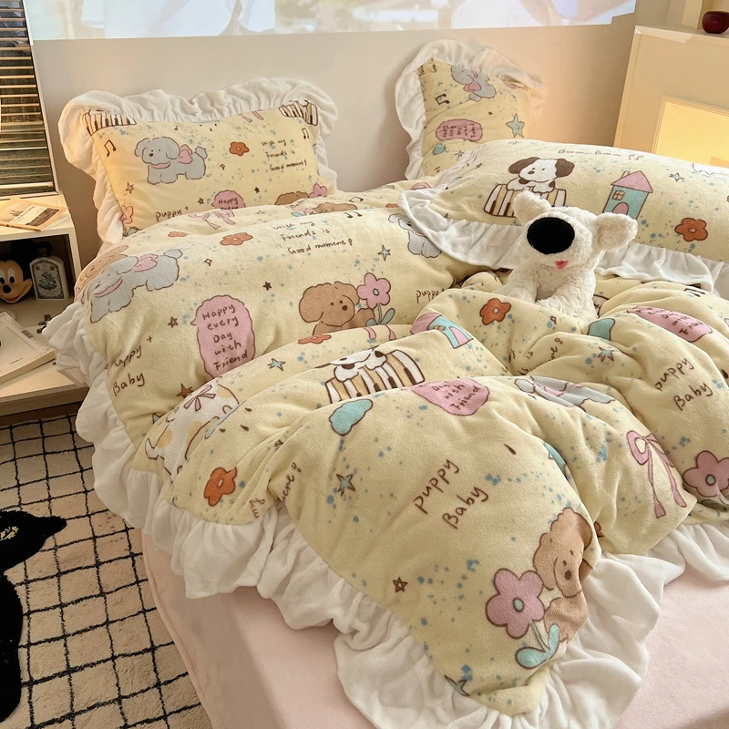 动物聚会派对  高克重全消光牛奶绒可爱花边款四件套