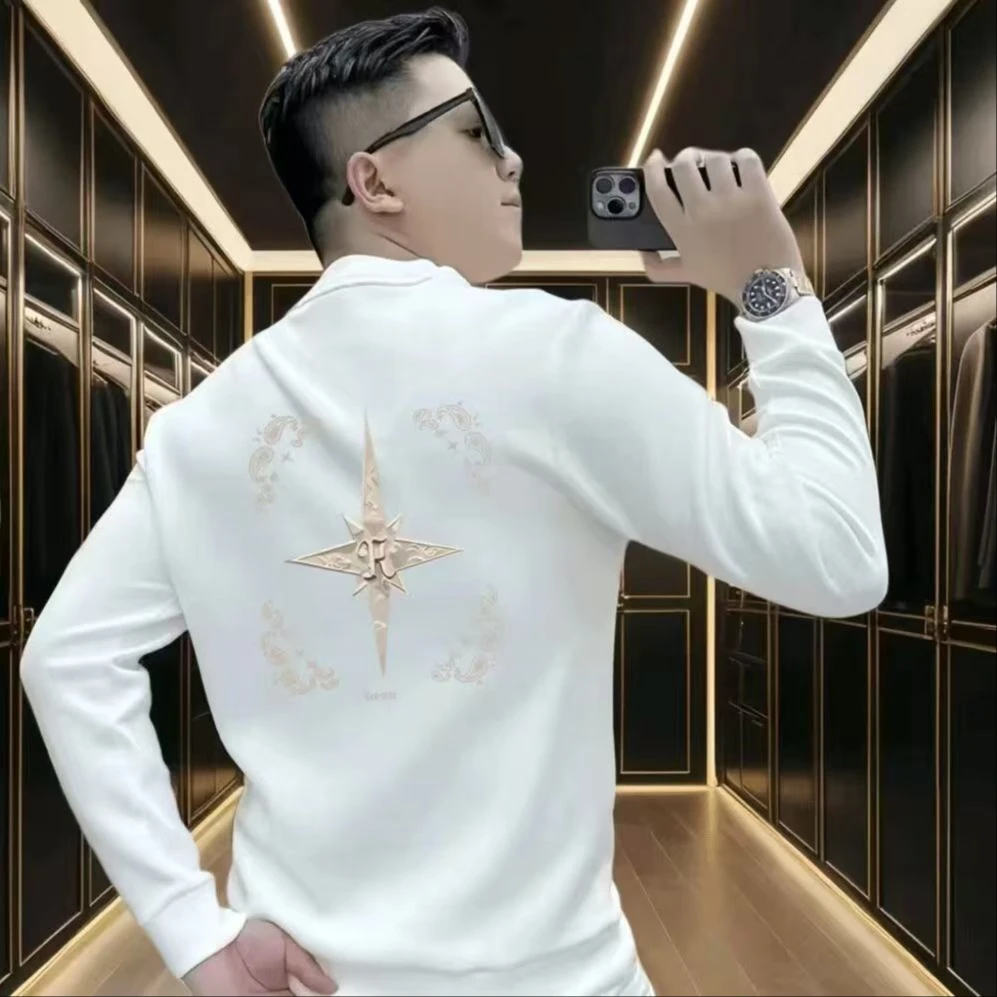 个性潮流重磅圆领卫衣痞帅街头修身休闲秋季印花时尚男士潮流卫衣