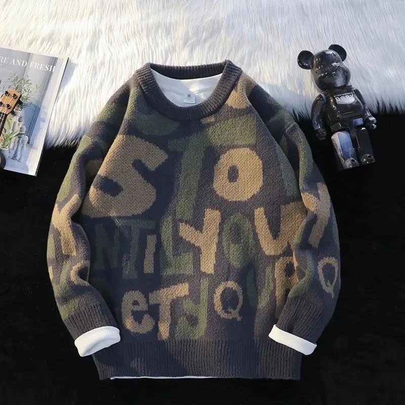 秋冬季宽松毛衣男女学生日系针织潮流帅气圆领慵懒毛线衣外穿上衣