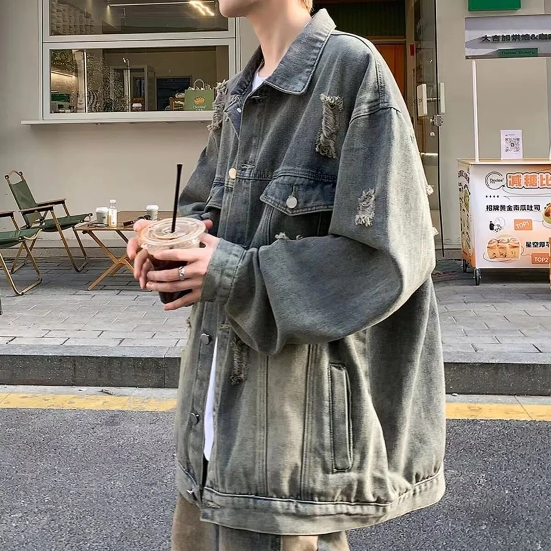 美式复古牛仔衣外套男款春秋褂子痞帅高级感水洗破洞夹克潮牌衣服