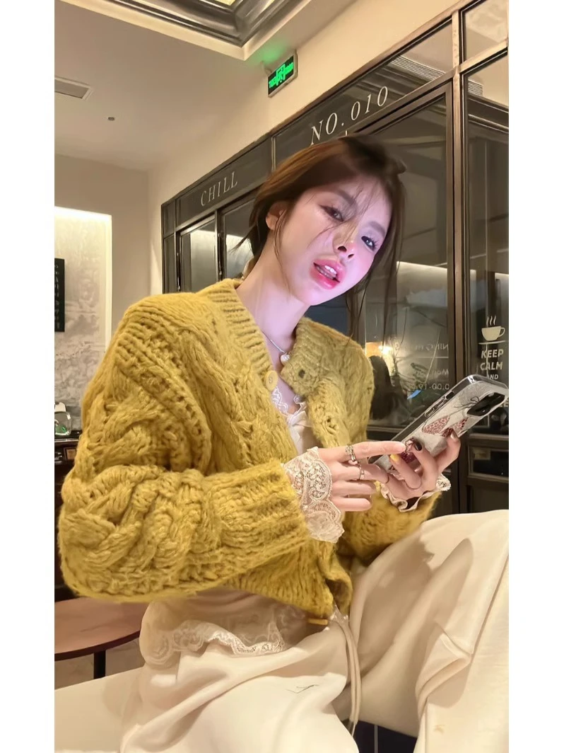 慵懒风秋冬季毛衣纽扣针织开衫气质宽松毛衫织衫上衣百搭毛衣7394