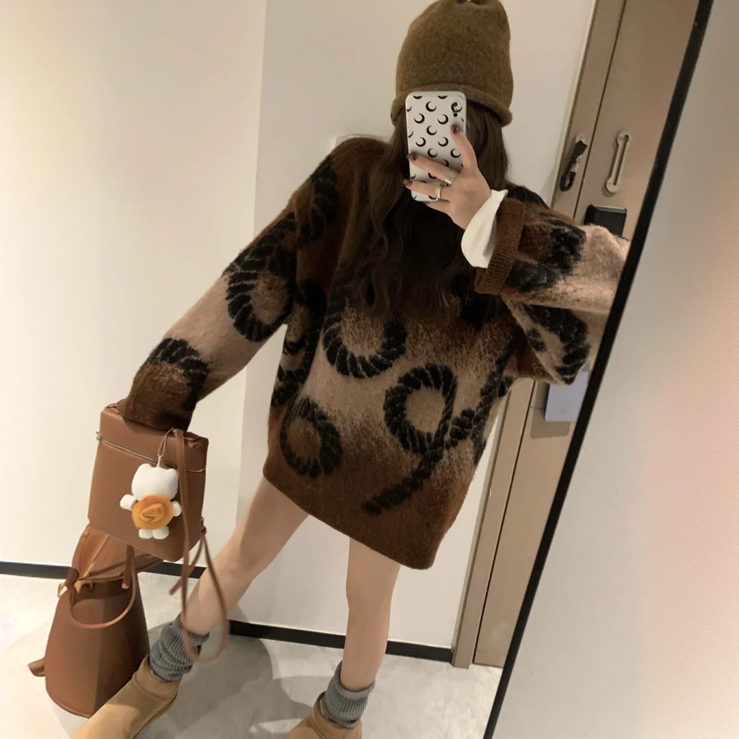 奶牛纹慵懒风秋冬新款慵懒外穿毛衣提花宽松针织衫套头奶中长款