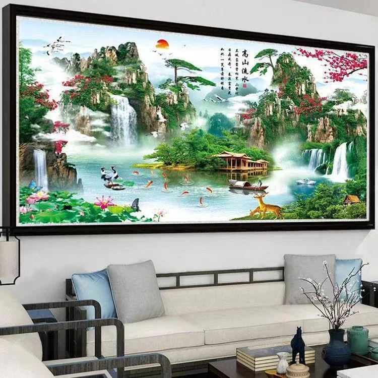 新款5D满钻高山流水生财钻石画厂家直销