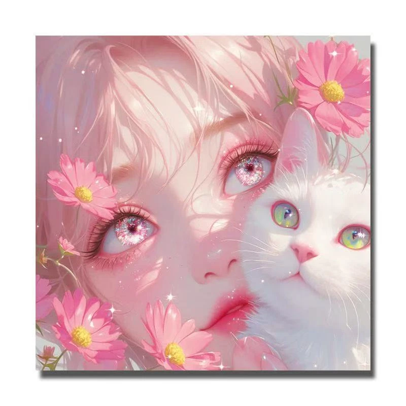 新款5D满钻粉色猫咪女孩钻石画厂家直销