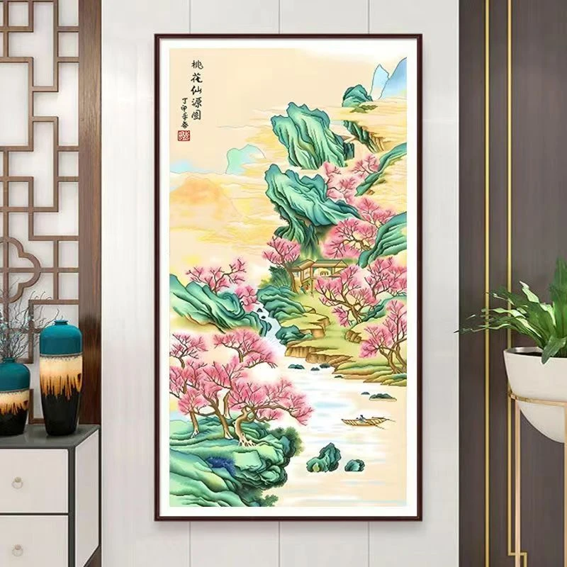 新款5D满钻桃花仙源图钻石画厂家直销