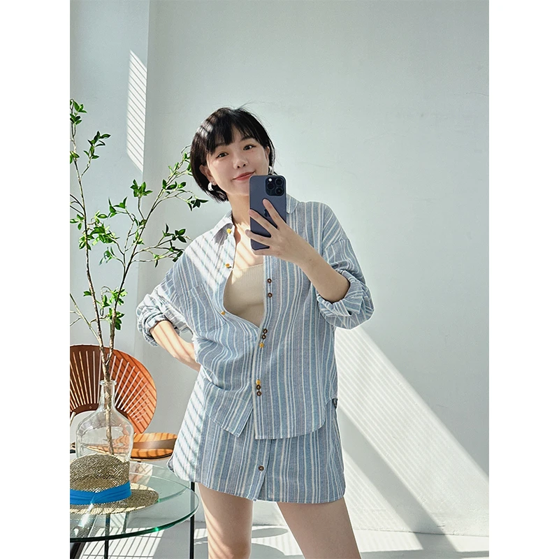 糖皮出品 风的颜色 莫兰迪色系色织条纹 夏季轻薄纯棉宽松衬衫