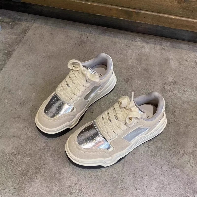 秋季圆头系带厚底增高美式拼色复古潮流高颜值运动休闲鞋网鞋女