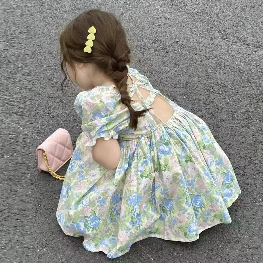 夏季新品女童洋气碎花系带连衣裙宝宝韩版短袖公主裙子潮