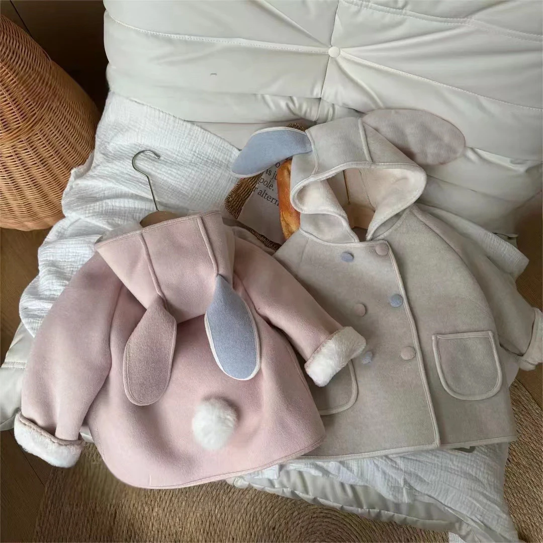 女童呢子加绒冬季新款可爱双色兔子中长款女宝洋气加厚外套