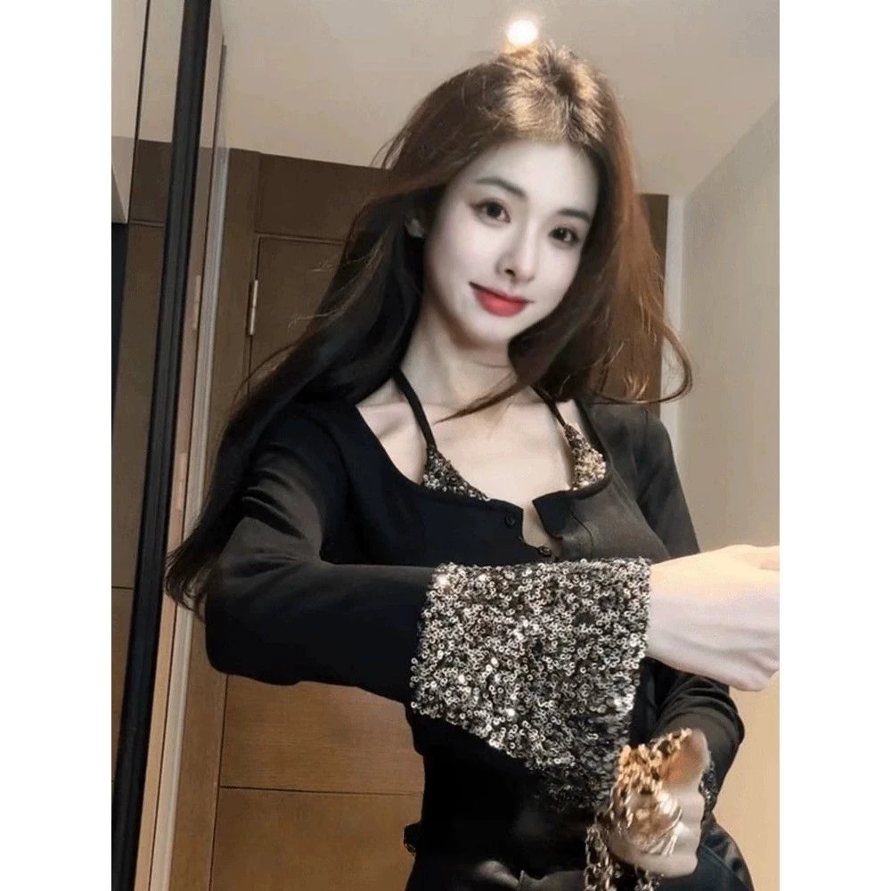 亮片重工拼接挂脖T恤2025春季新款法式显瘦长袖上衣短款打底衫