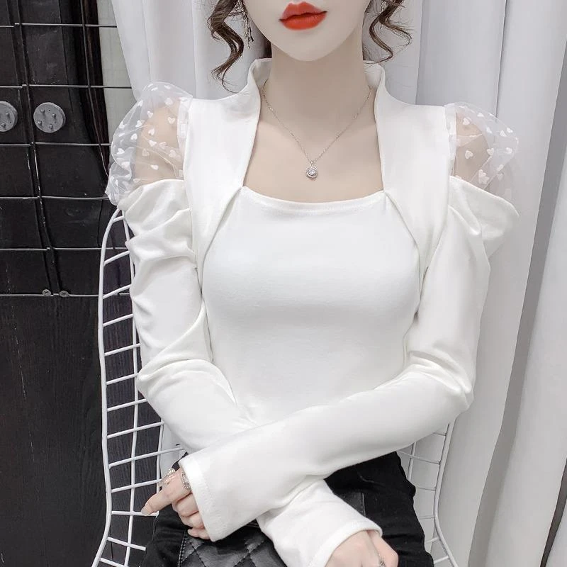 方领网纱拼接t恤女时尚洋气设计感小众2025春秋款气质打底衫上衣