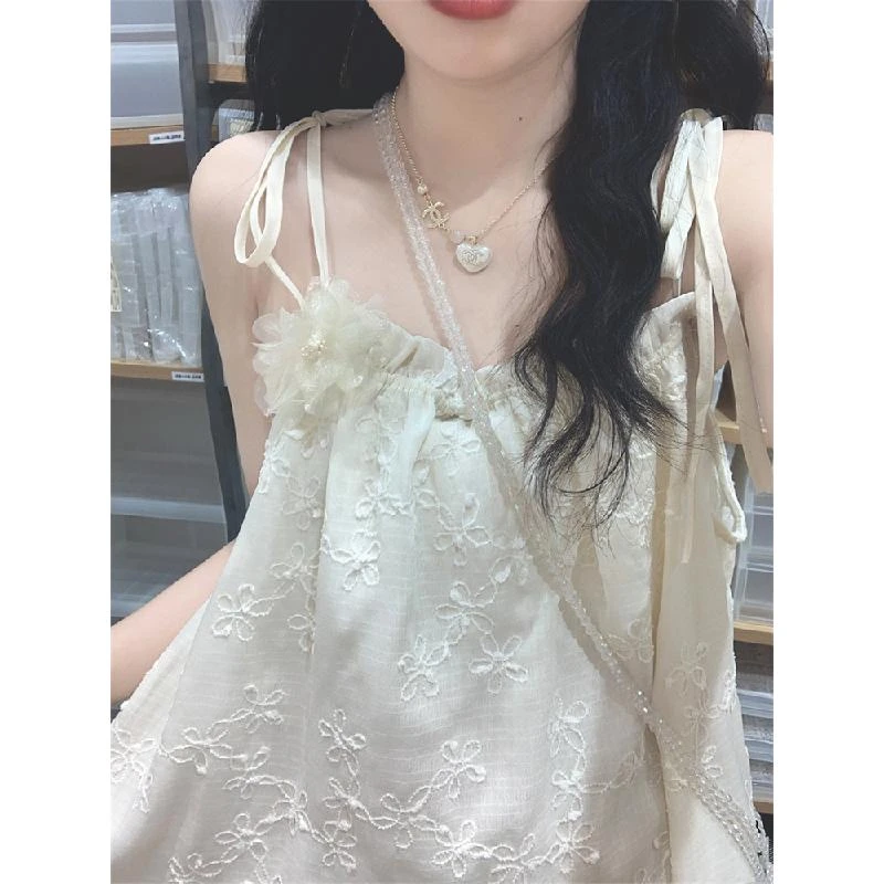 法式初恋刺绣提花连衣裙温柔风气质甜美仙女绝美奶fufu吊带长裙夏