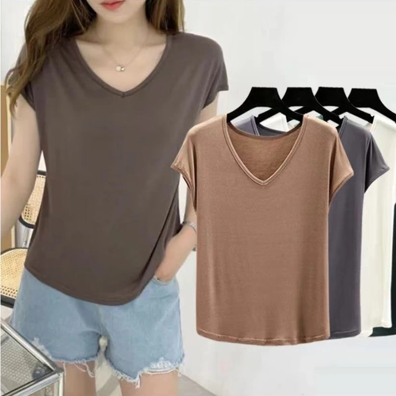 莫代尔无袖t恤女夏季薄款V领短袖上衣大码妈妈休闲纯色内搭打底衫