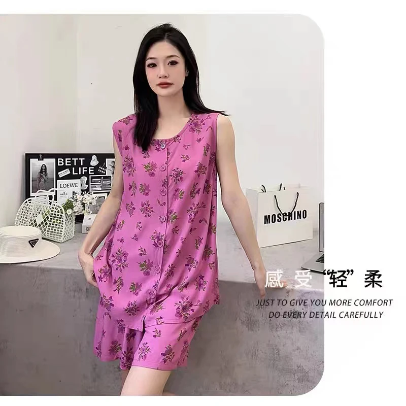 棉绸睡衣女年轻时尚格子绵绸背心短裤无袖套装人造棉开衫家居服