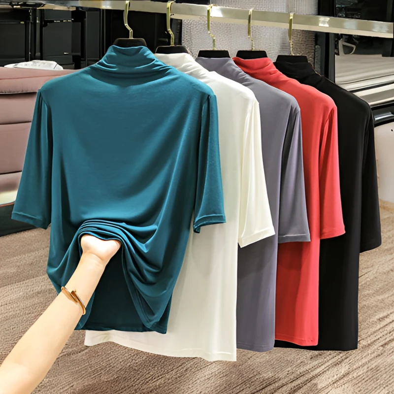 黑色高领莫代尔中袖T恤女短袖百搭新款夏季纯色打底半袖薄款上衣