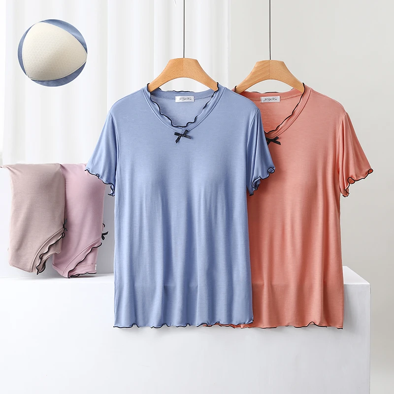 莫代尔带胸垫睡衣女上衣单件夏季薄款家居服宽松大码冰丝短袖t恤