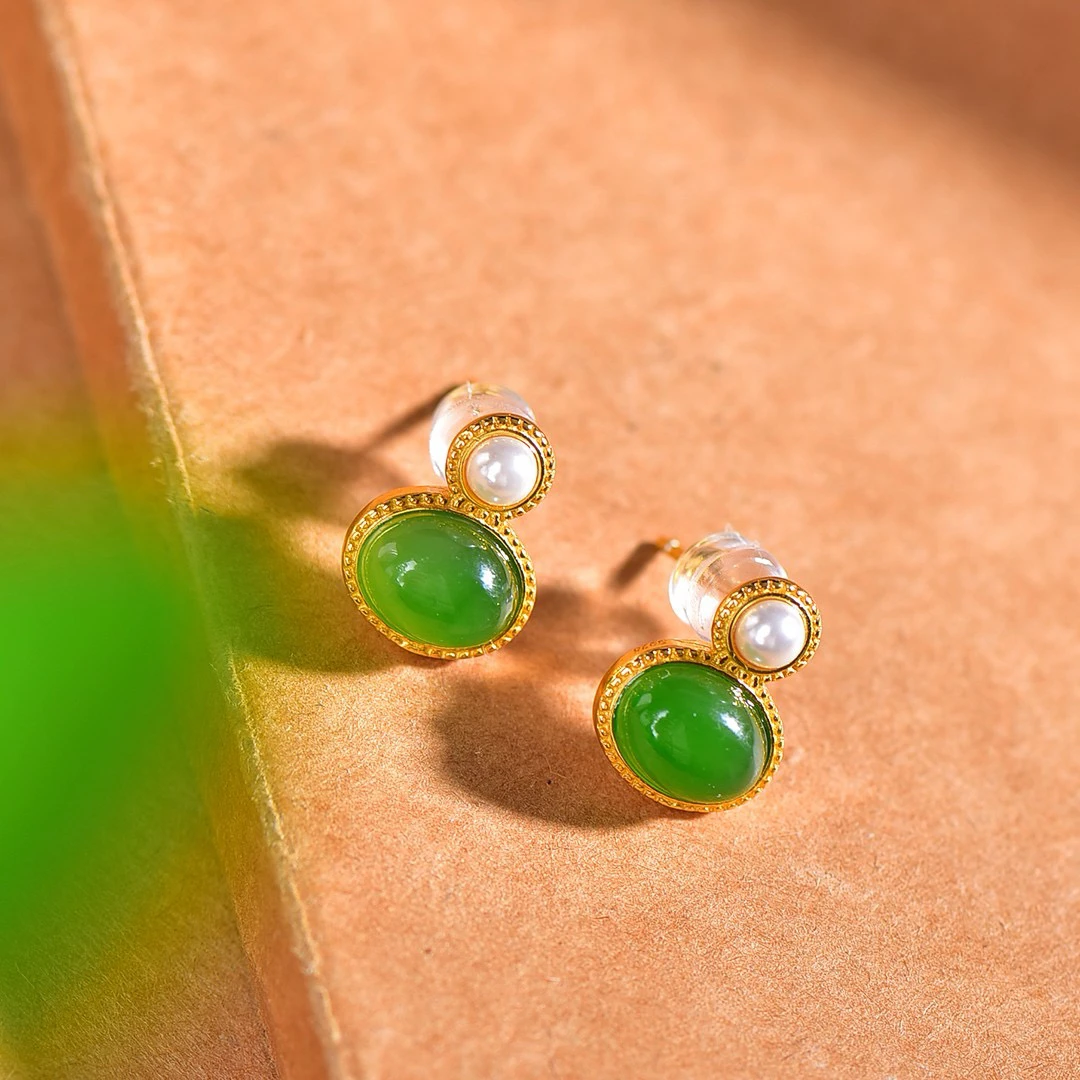 S925银镶嵌天然和田玉碧玉耳钉简约耳饰碧玉耳坠气质耳环17077