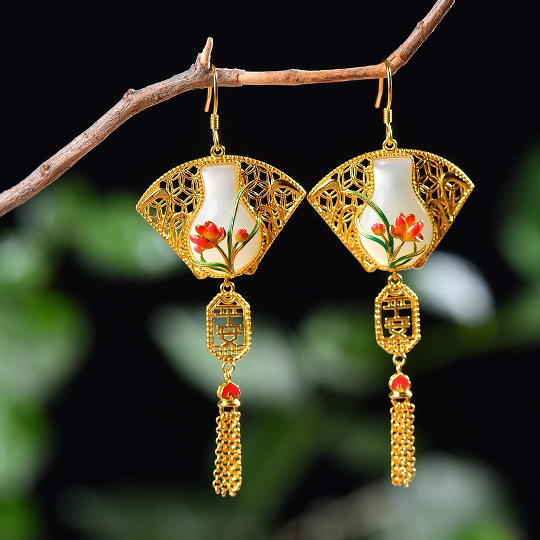 S925银镶嵌天然和田玉玉瓶珐琅平安瓶流苏耳坠7276