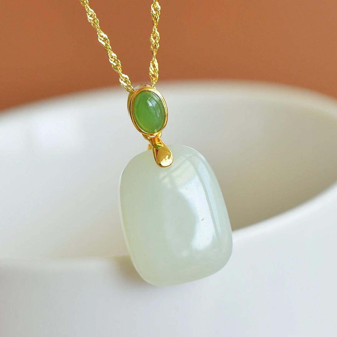 S925银镶嵌天然和田玉平安牌无事牌吊坠5299不含链