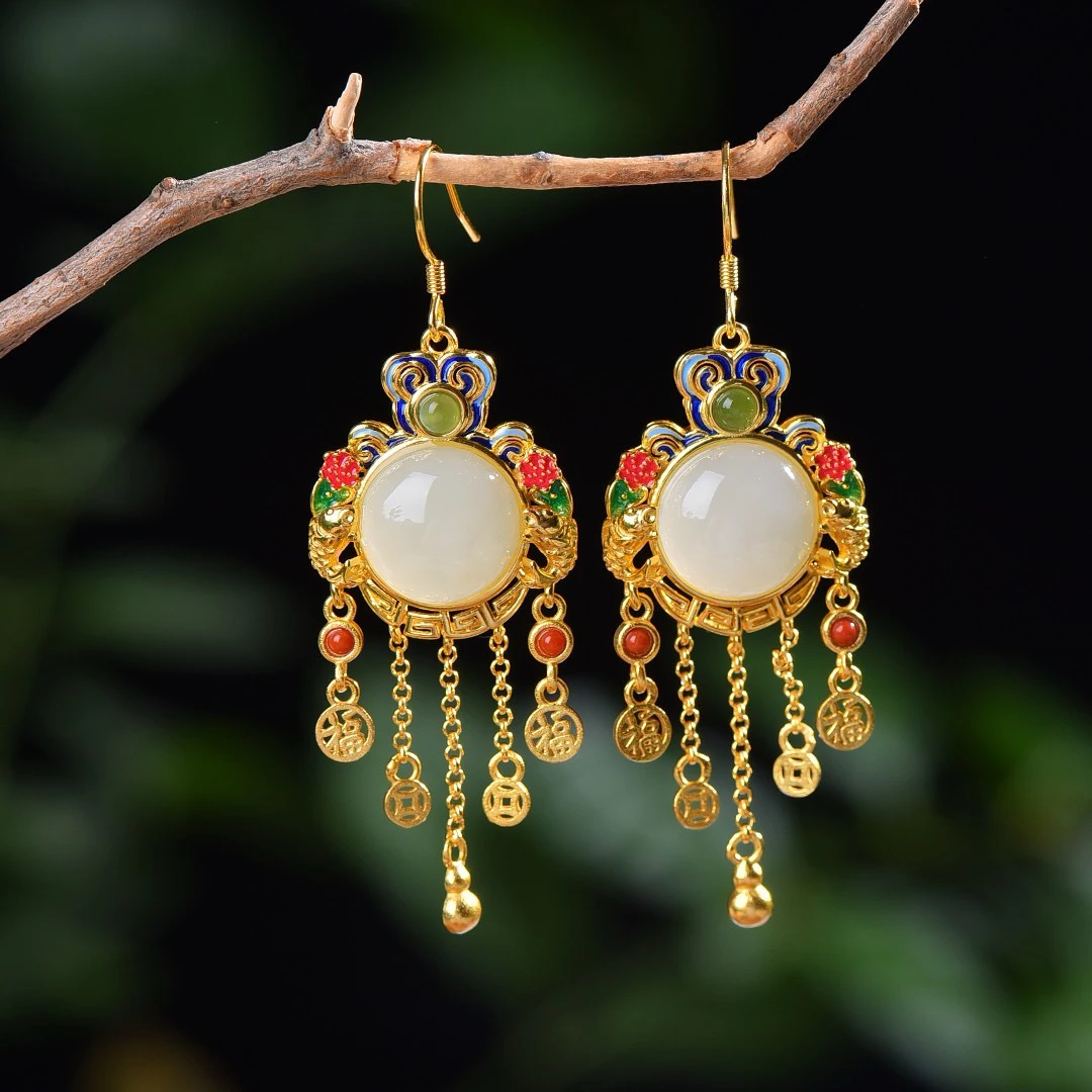 S925银镶嵌天然和田玉荷塘月色珐琅彩流苏耳坠7350