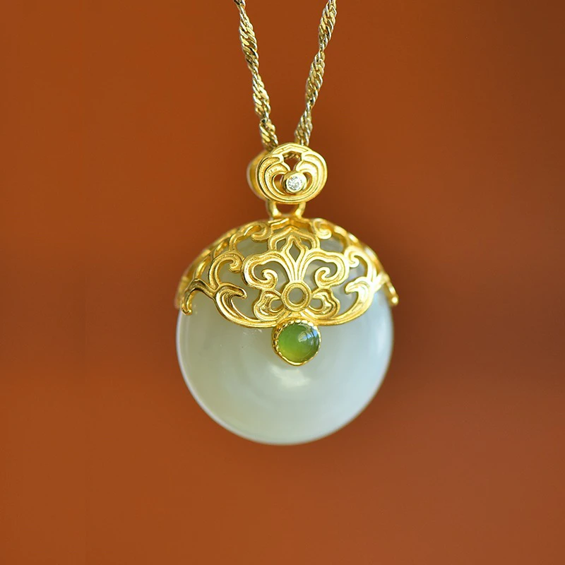 S925银镶嵌天然和田玉花丝祥云平安扣吊坠3254不含链