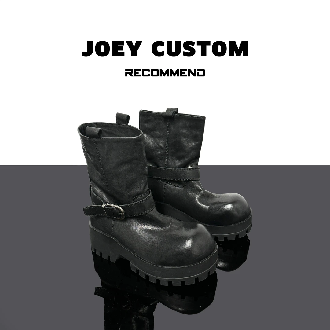 JOEY | 【水洗马皮】~新品黑色粗跟一脚蹬短靴女时髦潮靴 818-1
