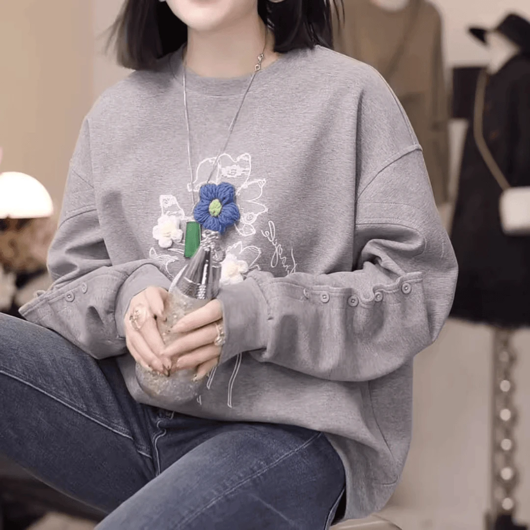 立体花朵卫衣外套宽松女2024秋季新款设计感显瘦长袖圆领印花上衣