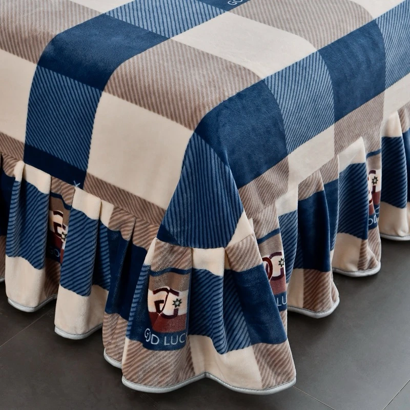 蓝格子加厚牛奶绒床单冬季保暖床裙