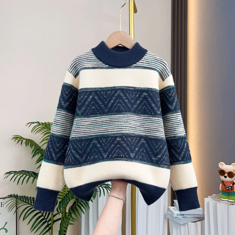 2025韩国绒新款男童加厚秋冬洋气圆领针织打底衫帅气外穿儿童毛衣