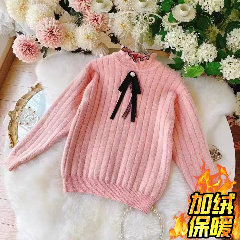 冬季洋气女童水貂绒针织衫一体绒加厚大童圆领毛衣童装百搭纯色