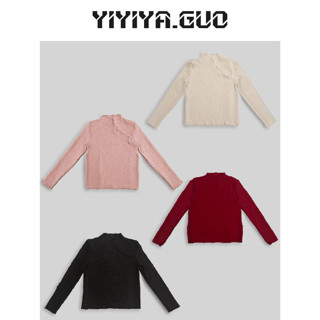 艺艺/YIYIYA.GUO多色多粒扣花边领弹力T上衣2023204