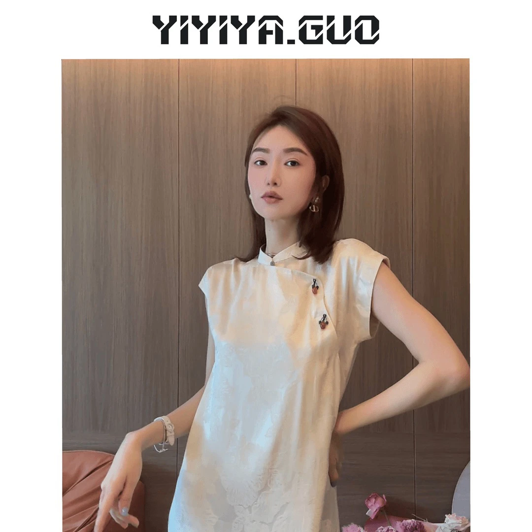 yiyi新中式印花米杏色连衣裙（不支持机洗、烘甩干）LY0492