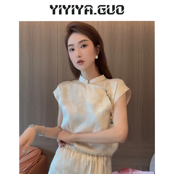 yiyi新中式米杏色短袖上衣➕长裤套装TZ0494（不支持机洗、烘甩干）