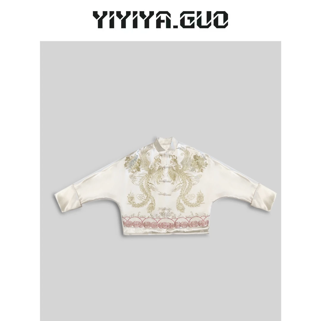 yiyiya.Guo艺艺吖/【双凤朝阳】白色拼接金线刺绣长袖上衣2024305