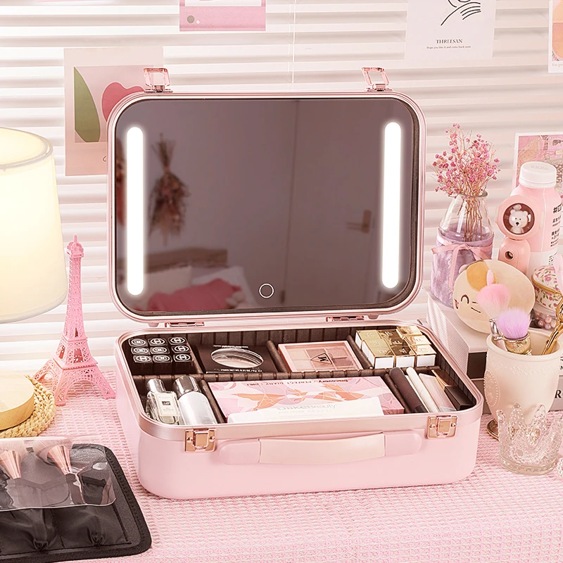 带镜子带灯化妆箱大容量化妆品收纳箱跟妆师手提便携化妆盒纯色