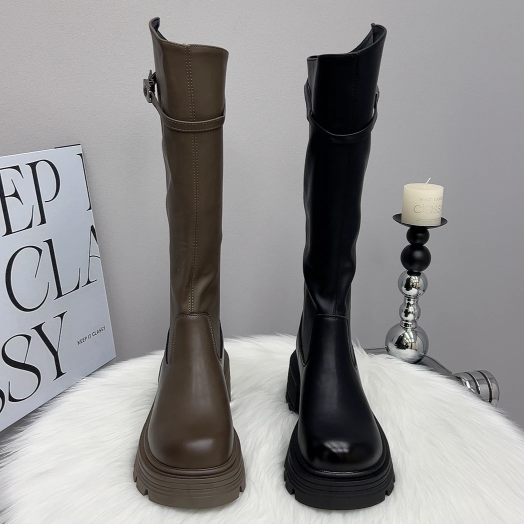 【胖瘦两筒围可选】2024秋冬新款时尚百搭厚底增高显瘦皮带扣骑士靴