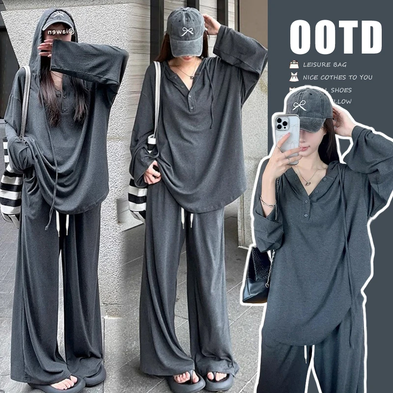 孕妇装秋季套装2025新款灰色连帽插肩卫衣休闲宽松外穿两件套春秋