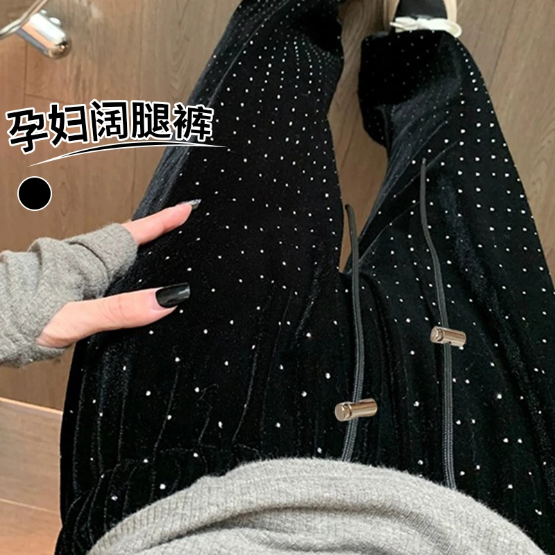 孕妇装春秋款2024新款孕妇裤子抽绳金丝绒外穿窄版阔腿裤长裤春季