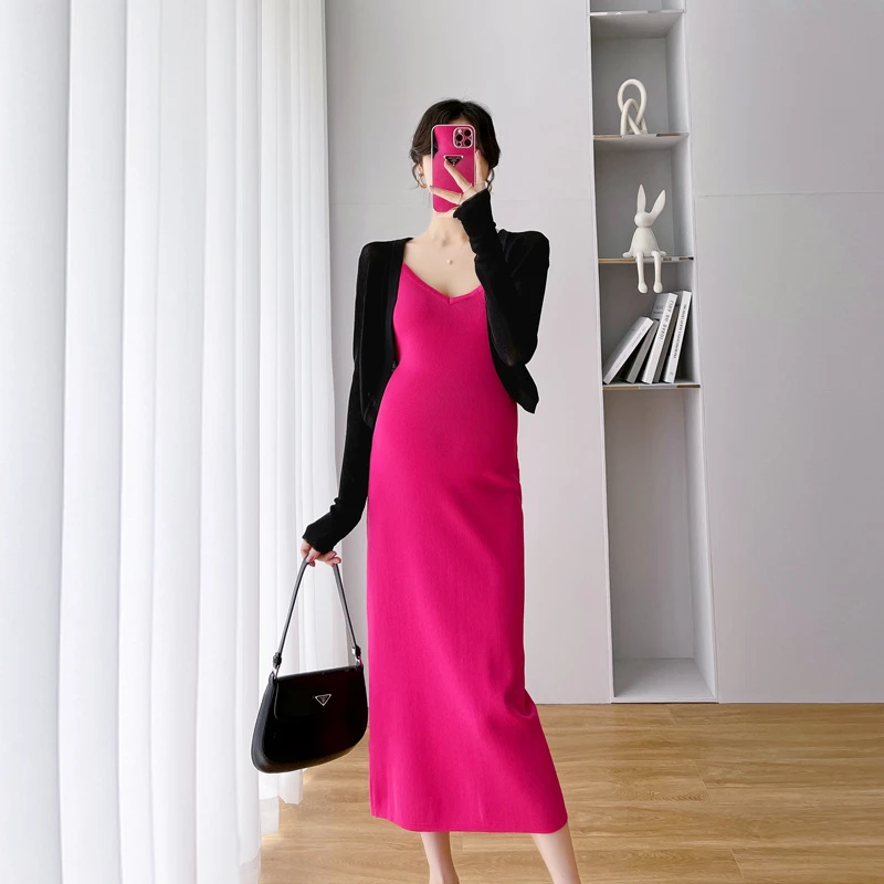 网红孕妇装时尚套装修身显瘦针织防晒衣+吊带裙孕妇连衣裙两件套