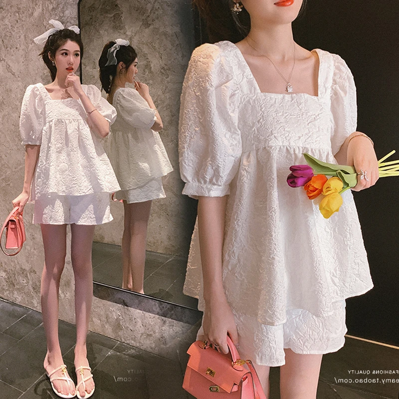 孕妇装夏套装2023时尚款甜美泡泡袖方领宽松孕妇上衣小个子两件套