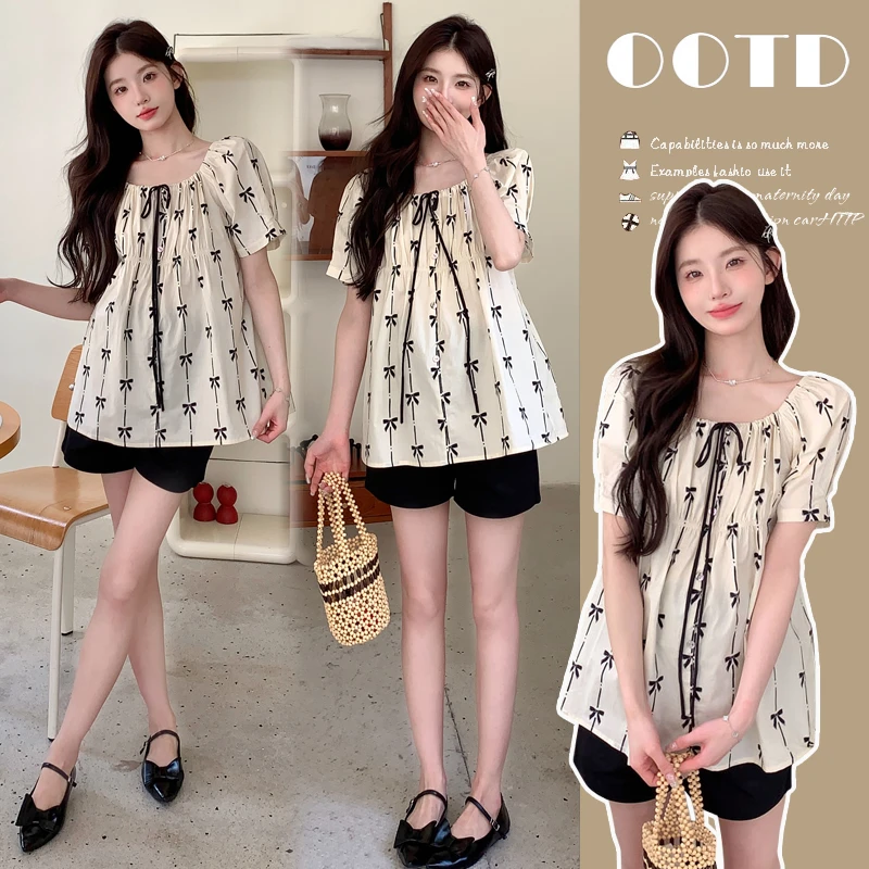 孕妇装夏季套装凉款蝴蝶结短袖上衣托腹短裤孕妇两件套夏装时尚款