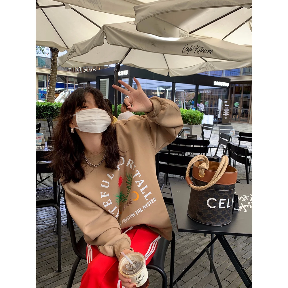 韩国外贸新款 华棉复合薄款310克/加绒410克秋冬装卫衣女印花