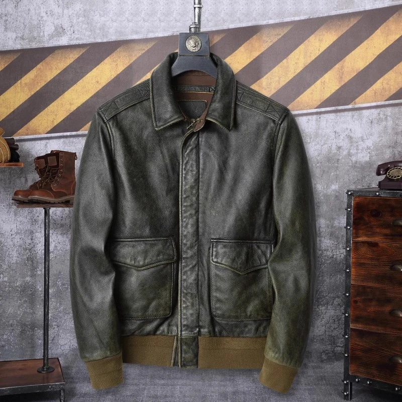 头层牛皮真皮皮衣男复古皮衣做旧橄榄绿皮夹克男款飞行服外套