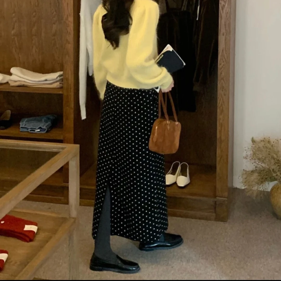 黑色印花波点开叉半身裙女2025秋季新款直筒A字裙波点裙半身裙