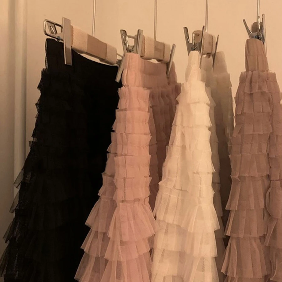 黑色蕾丝蛋糕裙女小个子半身裙2025新款层层a字中长网纱裙蓬蓬裙