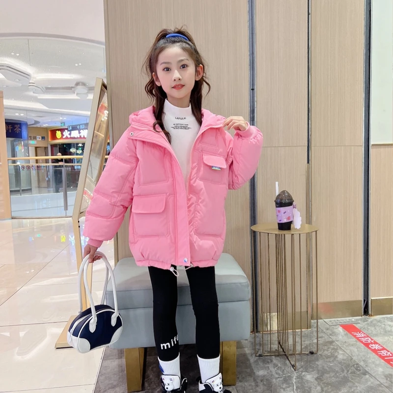 女童中大童洋气可爱加绒加厚冬季棉服B9512中长款连帽免洗保暖