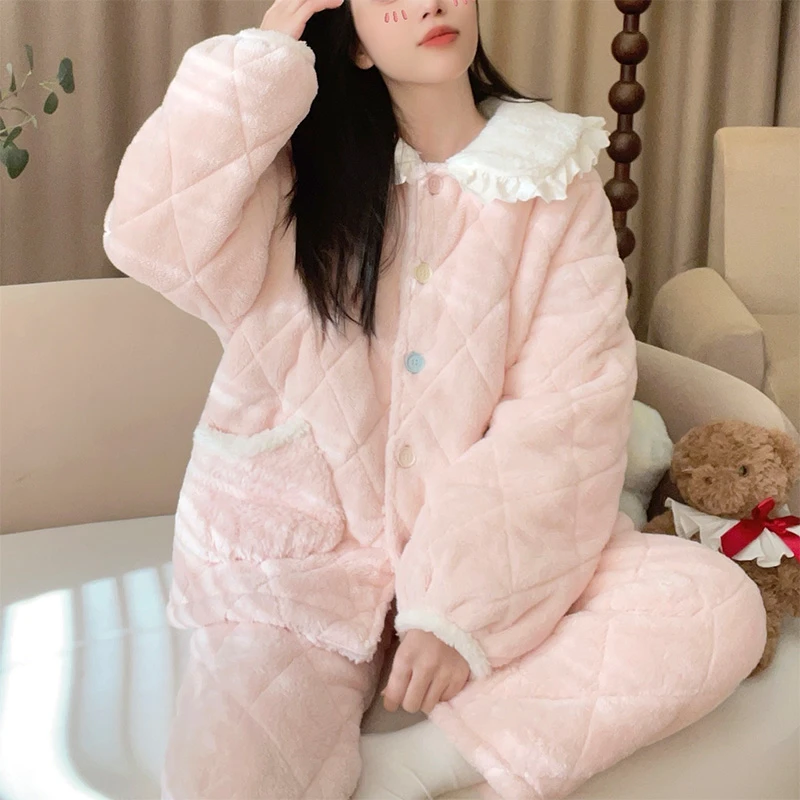 [5663冬日] 三层夹棉睡衣长袖冬加厚冬季家居服套装甜美风韩版