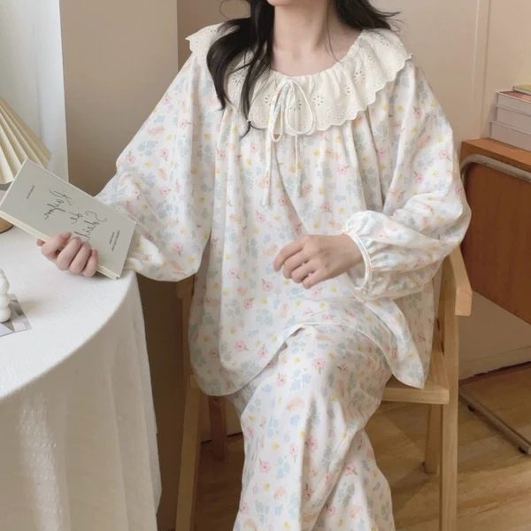 【5477兔与花园】长袖翻领甜美纯棉薄外穿公主家居服睡衣宽松大码