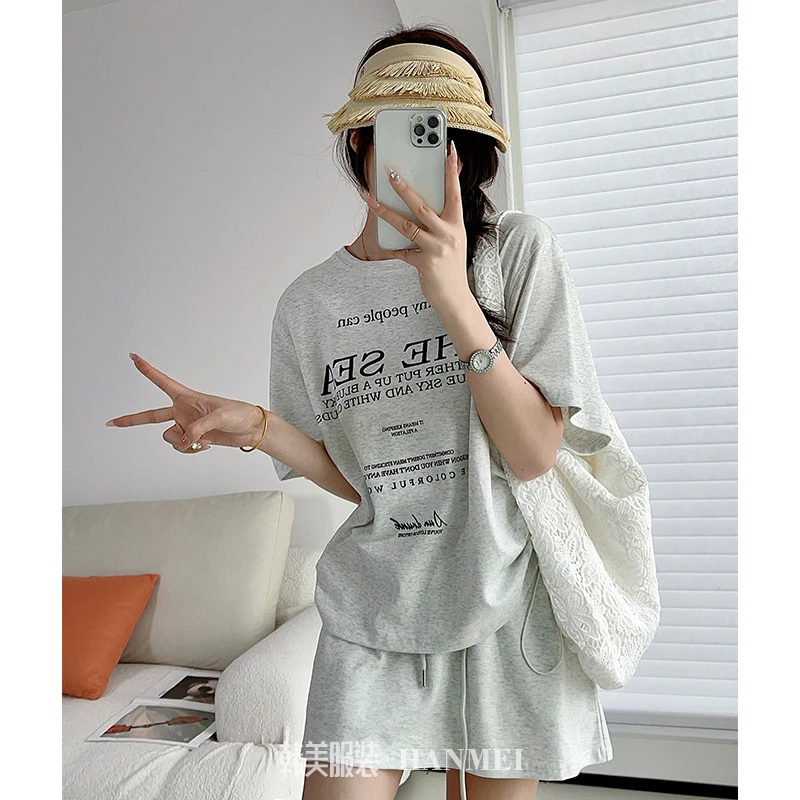 懒人穿搭2025夏季新款字母印花抽绳T恤+半身短裙宽松休闲套装